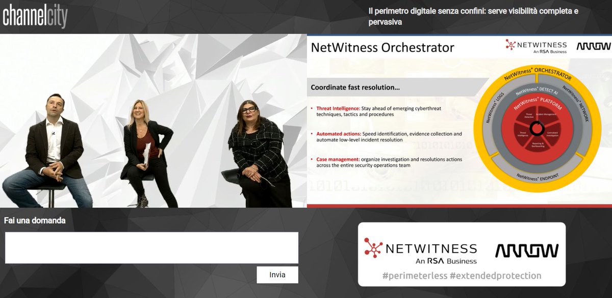 channelcity's tweet image. @NetWitness Orchestrator identifica tattiche, tecniche e procedure di attacco e attiva azioni automatiche per la #remediation su tutta l'infrastruttura #perimeterless #extendedprotection @BernabeiMonica #EleonoraMolinari