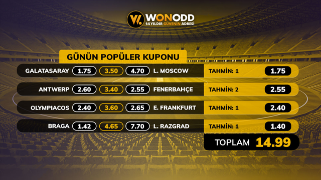 Uefa Avrupa Liginde reçeteyi yazıyoruz!
Toplam Oran 14.99!