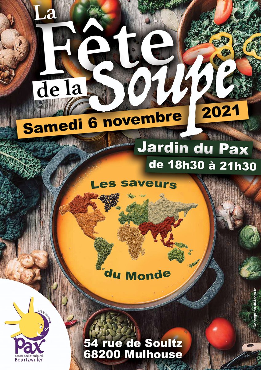 mulhouse's tweet photo. Convivialité autour des saveurs du monde au #CSCPax ce samedi 6 novembre à #Mulhouse, avec la Fête de la soupe dès 18h30 dans le jardin du Pax !🥣😋 https://t.co/jPcZugdaZr