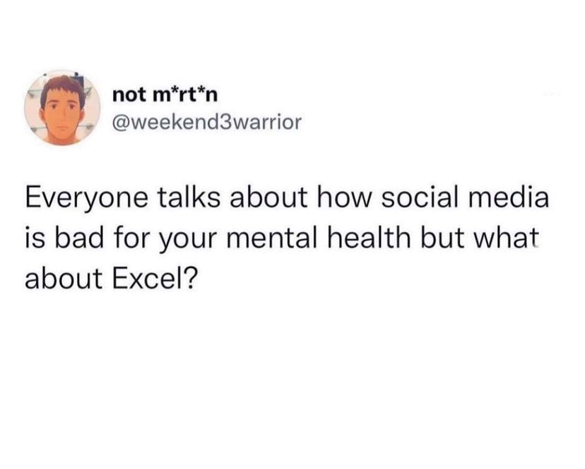 JpadSolutions's tweet image. This made us laugh! But on a serious note, if Excel is bad for your mental health, you need us - the Excel therapists! We have the solution for all your Excel troubles. Get in touch. 😎