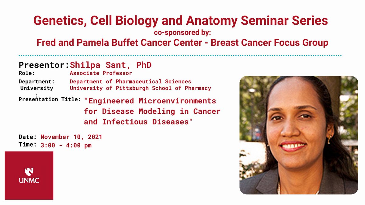 UNMC Dept of Genetics, Cell Biology & Anatomy (@unmc_gcba) on Twitter photo GCBA Seminar along with FPBCC - Breast Cancer Focus Grp. announces Shilpa Sant, PhD, Uni. of Pittsburgh School of Pharm., Dept. of Pharmaceutical Sciences - "Engineered Microenvironments for Disease Modeling in Cancer and Infectious Diseases" <a href="/ShilpaSant/">Sant Lab</a> <a href="/UNMC_GCBA/">UNMC Dept of Genetics, Cell Biology & Anatomy</a> <a href="/UNMC_BISB/">UNMC Bioinformatics & Systems Biology</a> GCBA Seminar along with FPBCC - Breast Cancer Focus Grp. announces Shilpa Sant, PhD, Uni. of Pittsburgh School of Pharm., Dept. of Pharmaceutical Sciences - "Engineered Microenvironments for Disease Modeling in Cancer and Infectious Diseases" <a href="/ShilpaSant/">Sant Lab</a> <a href="/UNMC_GCBA/">UNMC Dept of Genetics, Cell Biology & Anatomy</a> <a href="/UNMC_BISB/">UNMC Bioinformatics & Systems Biology</a>