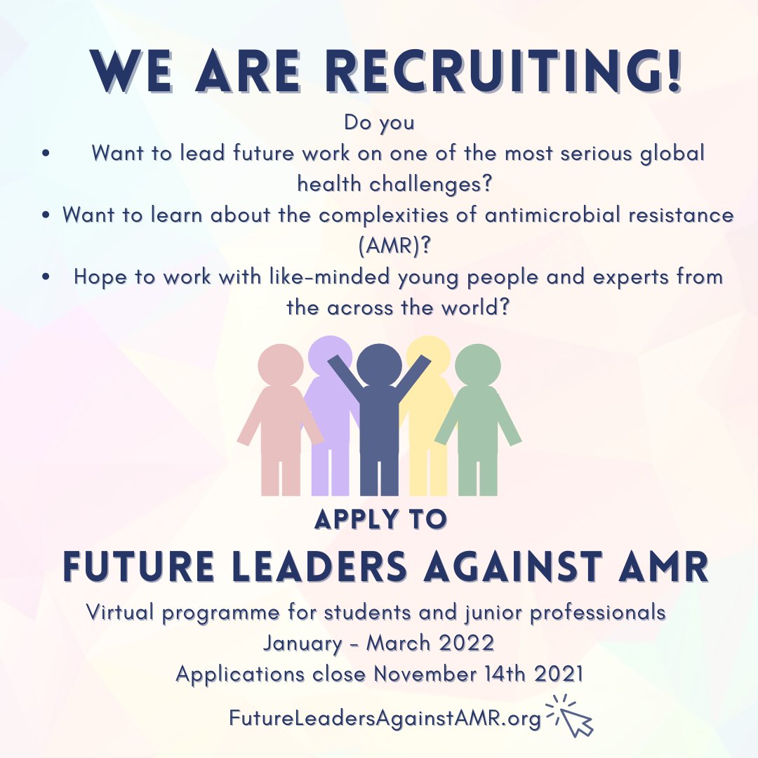 Int. Centre for Antimicrobial Resistance Solutions (@icars_global) on Twitter photo Are you interested in tackling #AMR?
#FutureLeadersAgainstAMR, an international programme for students & early career professionals is open for applications!
Find out more & apply ➡️ futureleadersagainstamr.org Deadline: 14 November 2021 <a href="/GovettAnna/">Anna Govett</a> Are you interested in tackling #AMR?
#FutureLeadersAgainstAMR, an international programme for students & early career professionals is open for applications!
Find out more & apply ➡️ futureleadersagainstamr.org Deadline: 14 November 2021 <a href="/GovettAnna/">Anna Govett</a>
