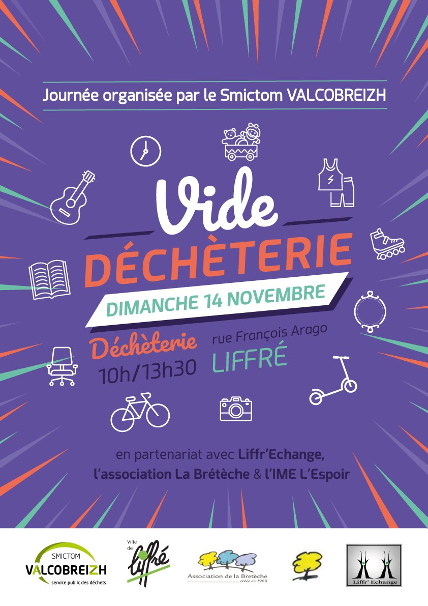 Vide déchèterie #3
📣Fort du succès 💪de ses deux premières éditions, le vide déchèterie fait son retour à #Liffré le 📆 dimanche 1⃣4⃣ novembre (10h-13h30). L'occasion de dénicher🔍 quelques bonnes affaires 🏓🧩🎲🎁à l'approche de Noël... ▶️+ d'infos ici : bit.ly/3bCrxD3