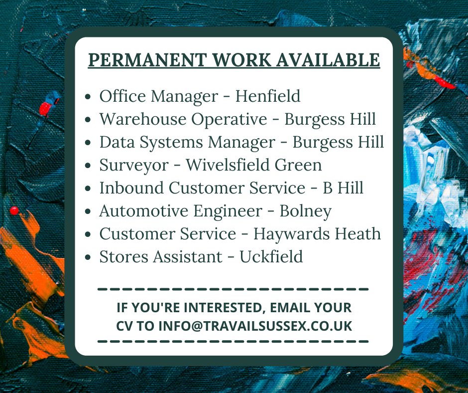 TravailSussex's tweet image. Permanent work available - give us a call or send your CV to find out more! 

📞01444 244204📞
📧info@travailsussex.co.uk📧

#permanentwork #workinsussex #localjobsinsussex #travailsussex