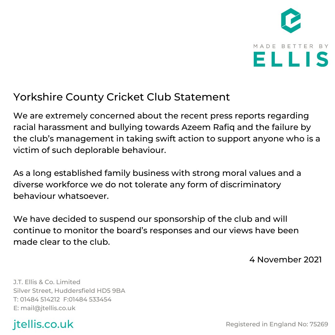 Please refer to our company statement regarding Yorkshire County Cricket Club.
