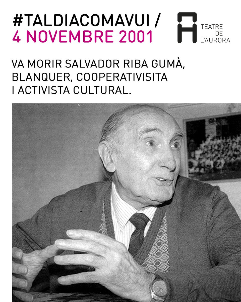 teatreaurora's tweet photo. #taldiacomavui de fa 20 anys, va morir Salvador Riba. El seu compromís amb el foment del teatre amateur a la Cooperativa la Victòria, va servir perquè posteriorment, un grup de joves reprengués l'activitat teatral al carrer Aurora amb Unicoop Cultural, ara, Teatre de l’Aurora. https://t.co/7pPxLZJEM8