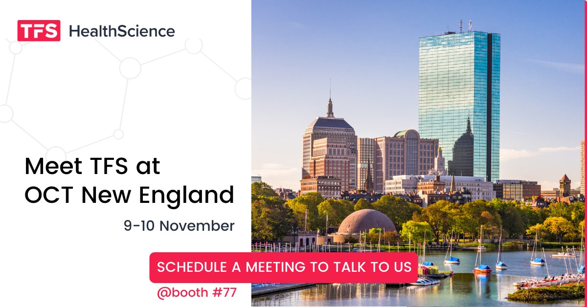 TFSCRO's tweet photo. TFS HealthScience will be at #OCTNewEngland on November 9-10. Talk to us at booth 77 to learn how, or set up a meeting with one of our business developers.
Expect more from your CRO https://t.co/LlQpCjoGYW
#TFSHealthScience #ClinicalTrials https://t.co/mrmhUEHhL9