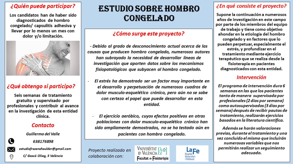 gfisiovalle's tweet photo. ¿Te han dicho que tienes hombro congelado/capsulitis adhesiva y vives en Valencia o alrededores?😦¿Trabajas con pacientes con esta entidad? 👩‍🔬¡Desde la 
@FacFisioUV estamos haciendo un estudio que podría interesarte!👏Se agradece toda difusión. 👇📢 https://t.co/Wc992sTXNc