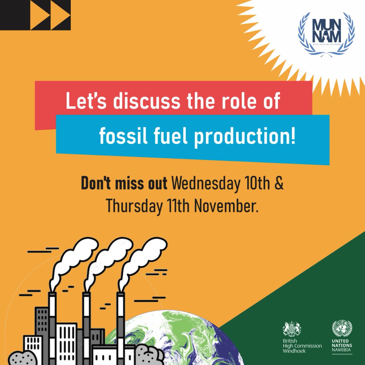 UNNamibia's tweet photo. 📢 MUN happening next week!
Learners from different schools will gather at the United Nations House to discuss the role of fossil fuel production in the climate crisis.
🗓 Wednesday 10th & Thursday 11th November.
#COP26 #TogetherForOurPlanet #MUNNam #UKNamibia #ClimateAction https://t.co/JRZ2EOj1iG