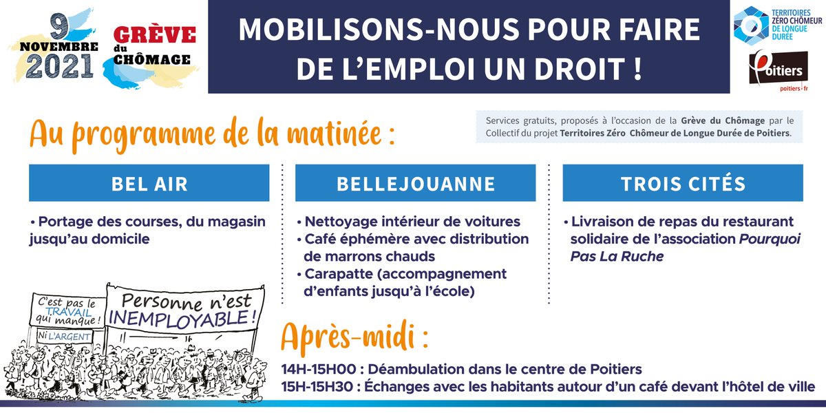 Projet Territoires Zéro Chômeur - Grand Poitiers (@projet_tzcld) on Twitter photo #greveduchomage2021
Cet événement symbolique vise à alerter et mobiliser contre la privation d’emploi et revendiquer le droit d’obtenir un emploi. Plusieurs actions seront proposées par le collectif #TZCLD de Poitiers. <a href="/lanouvellerep_/">La Nouvelle République</a> <a href="/centre_presse/">Centre Presse</a> <a href="/F3PoitouChtes/">France 3 Poitou-Charentes</a> @Bleu_Poitou #greveduchomage2021
Cet événement symbolique vise à alerter et mobiliser contre la privation d’emploi et revendiquer le droit d’obtenir un emploi. Plusieurs actions seront proposées par le collectif #TZCLD de Poitiers. <a href="/lanouvellerep_/">La Nouvelle République</a> <a href="/centre_presse/">Centre Presse</a> <a href="/F3PoitouChtes/">France 3 Poitou-Charentes</a> @Bleu_Poitou