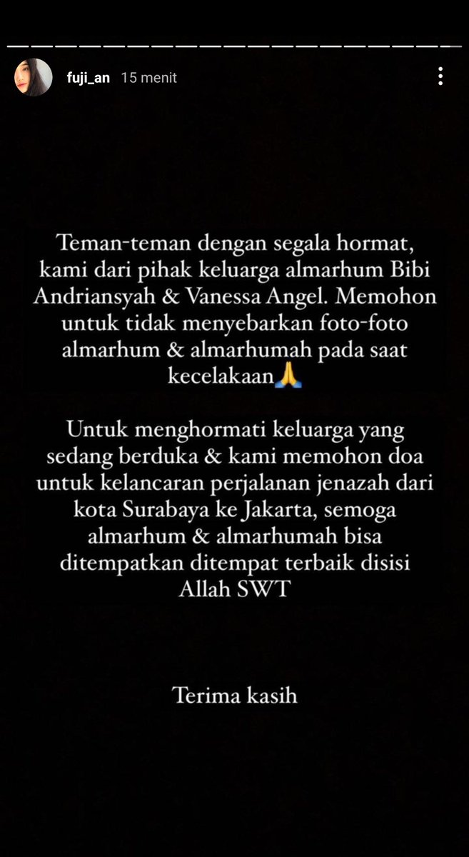 mazzini_gsp's tweet photo. Keluarga Vanessa Angel dan Bibi merasa keberatan dan menghimbau agar kita semua tidak menyebarkan foto jenazah keduanya di media sosial manapun. Yang sudah terlanjur upload atau menyebar mohon dihapus ya. 
Lebih baik mendoakan keduanya agar amal ibadahnya di sisi Tuhan. Amiin https://t.co/k3WtGROJp4