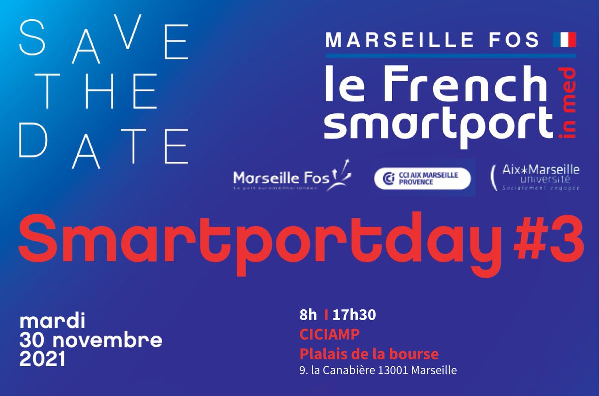 smartportinmed's tweet photo. 🚩[SAVE THE DATE] #SmartPortDay3
C’est officiel! Rendez-vous le 30 novembre 2021 pour la 3ème édition du SmartPortDay, l’évènement annuel du French Smart Port. 🌐
📅| Le 30 novembre 2021
📍 | Au Palais de la Bourse à Marseille
@CCI_AMP #SmartPortDay https://t.co/EmP4wNHAV8