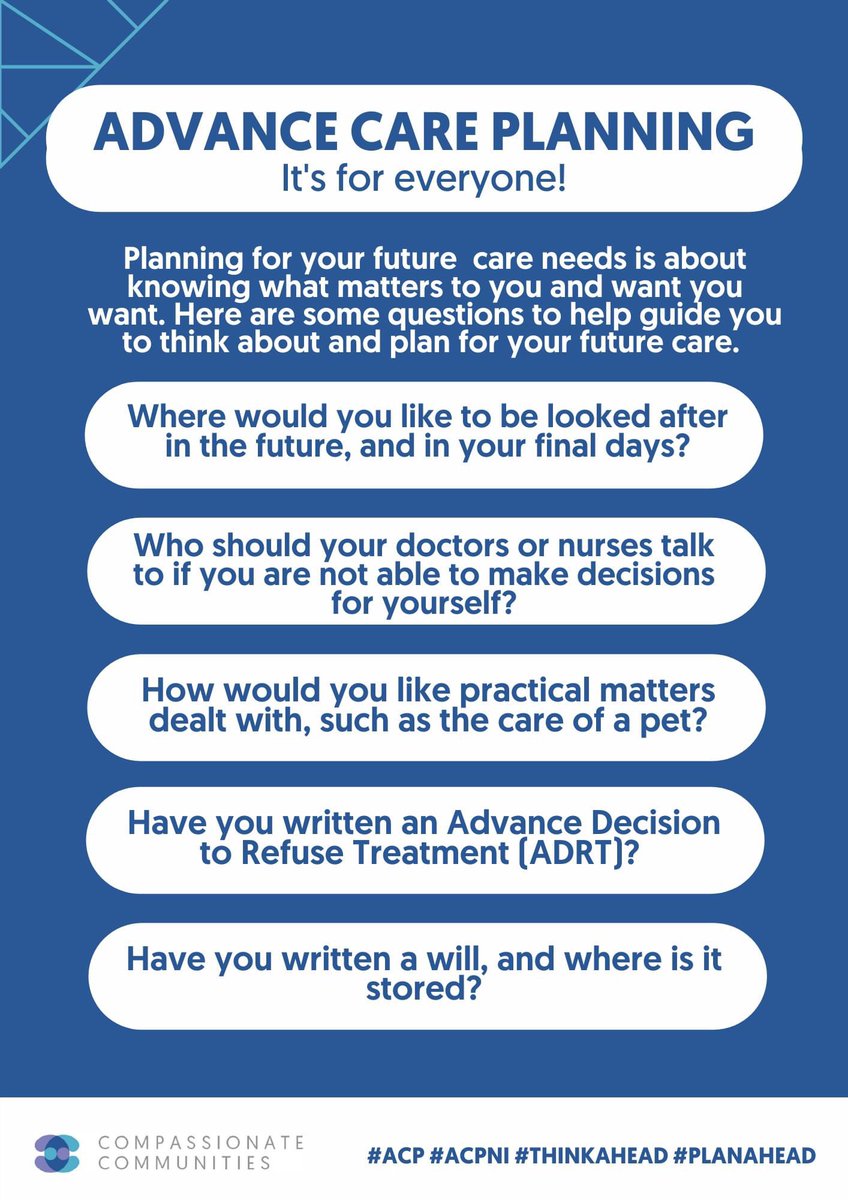 CompassionateNW's tweet photo. Advance care planning is about being organised and prepared for the future. It’s something we can all do.
#acp #acpni #thinkahead #planahead #futurecare #letsplan https://t.co/JfTmruV9mP