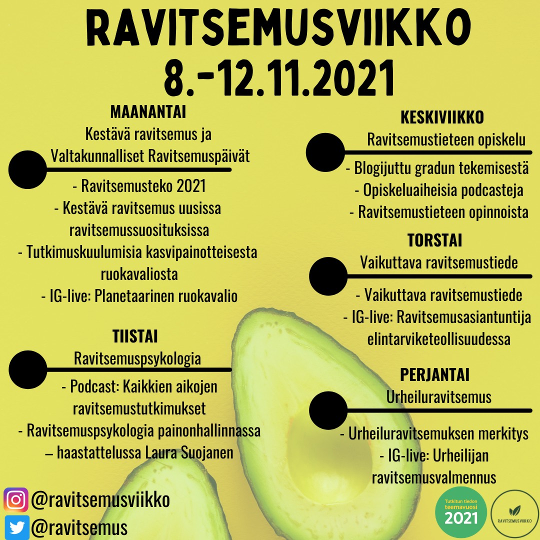Ensi viikolla tulossa paljon ravitsemusaiheista sisältöä, kun vietetään #ravitsemusviikko a.
Itse saan haastatella torstaina IG-Livessä  <a href="/SoileKakonen/">Soile Käkönen</a> ja <a href="/malaaksonen/">@malaaksonen</a> siitä, miten ravitsemustiede vaikuttaa elintarviketeollisuudessa. Ota kanavat seurantaan!