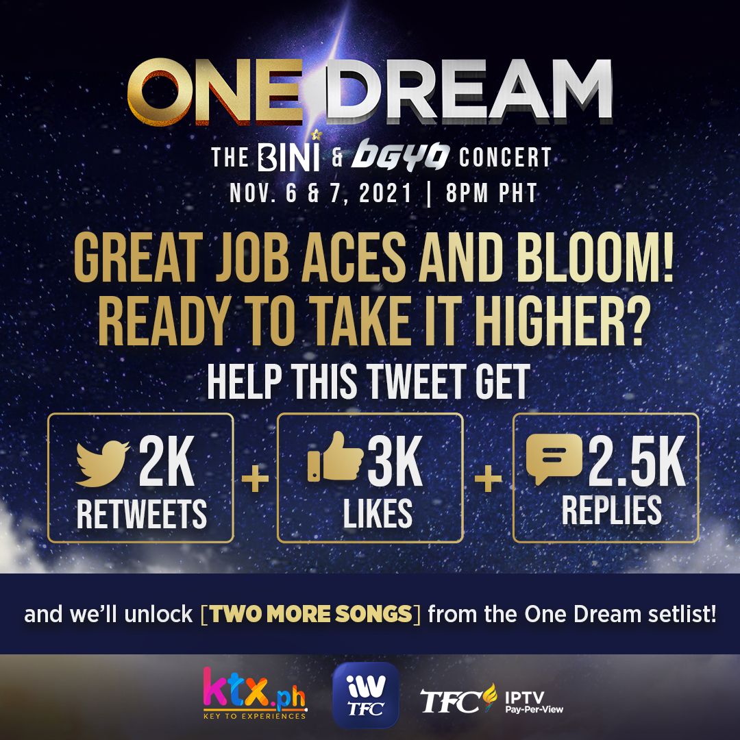 BINI_ph's tweet photo. #BINI | 🔓 Kulay &amp; Eight
🔒 ❓ and ❓

Another round, ACEs &amp; BLOOM?

Get this tweet to 2,000 RTs + 3,000 Likes + 2,500 Replies and we’ll drop TWO MORE SONGS from the One Dream setlist! 🔑

Don't forget to use the hashtag #OneDreamUnlock!  
Get your tix via https://t.co/fCBU0T7Qvd https://t.co/sxKyoyFrcR