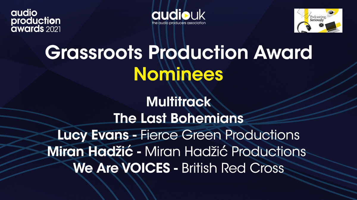 WeAreAudioUK's tweet photo. The nominees for...

⭐️ Grassroots Production Award Sponsored by #ThePSawardsFund @LWCstudios ⭐️

1. @_multitrack 
2. @thelastbohospod @katehutchinson
3. Lucy Evans @FierceGreenProd 
4. @HadzicMiran @OutWoodsPodcast 
5. @VOICESNetworkUK @BritishRedCross @bridey_ac @judeshapiro https://t.co/yE5dKYbmW4