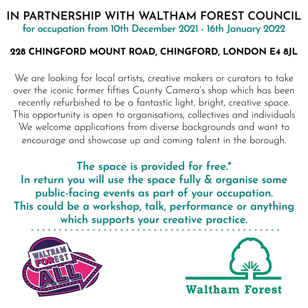 HyphaStudios's tweet photo. We're super excited to announce a special opportunity in partnership with Waltham Forest Council: 228 Chingford Mount Road
We are looking for local artists creative makers or curators to take over former camera shop: https://t.co/eNXvbO3fX1 
@lbwfculture @lbwalthamforest https://t.co/RU4VKw9qWE