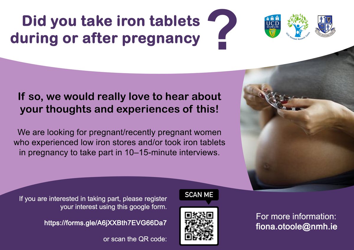 UCD Perinatal Research Centre (@ucdperinatal) on Twitter photo Did you take iron tablets during or after pregnancy?
If yes, can you spare 10-15 minutes?
We want to learn more about your experience in a short interview
If you can help, please register here, or scan the QR code.
<a href="/NMH_Nutrition/">Nutrition At NMH</a> <a href="/ProfFMcAuliffe/">Fionnuala McAuliffe NMH & UCD</a>
forms.gle/A6jXXBth7EVG66… Did you take iron tablets during or after pregnancy?
If yes, can you spare 10-15 minutes?
We want to learn more about your experience in a short interview
If you can help, please register here, or scan the QR code.
<a href="/NMH_Nutrition/">Nutrition At NMH</a> <a href="/ProfFMcAuliffe/">Fionnuala McAuliffe NMH & UCD</a>
forms.gle/A6jXXBth7EVG66…