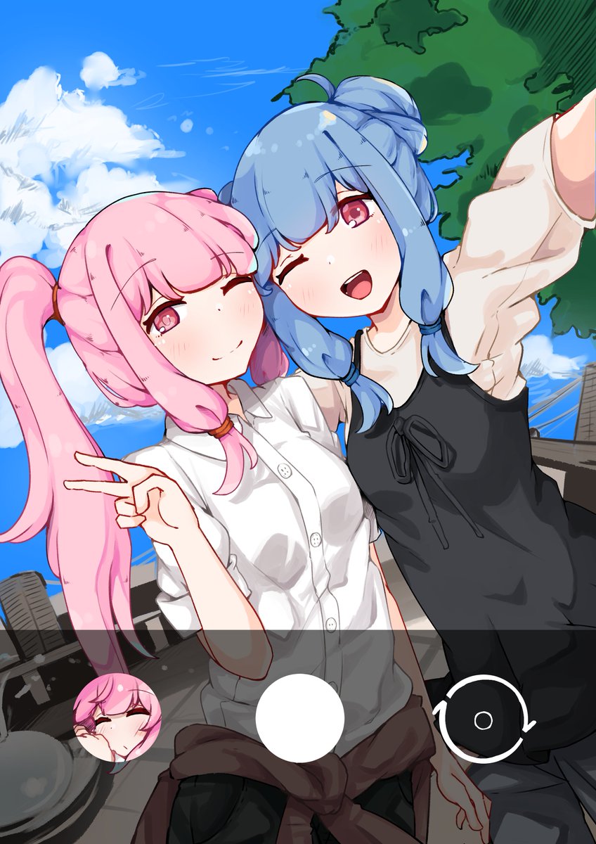 kotonoha akane ,kotonoha aoi multiple girls one eye closed 2girls selfie pink hair shirt smile  illustration images