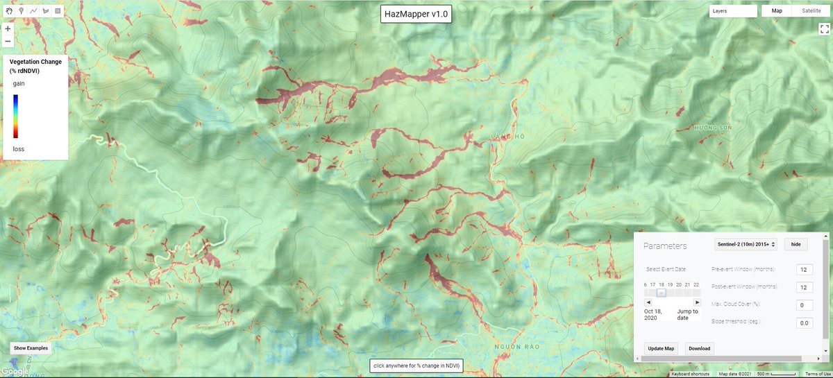 One year on from significant #landslide and debris flow events in Quang Tri Province, #Vietnam caused by the consecutive passage of multiple tropical cyclones.

Explore with <a href="/HazMapper/">HazMapper</a> URL: cmscheip.users.earthengine.app/view/hazmapper…;
