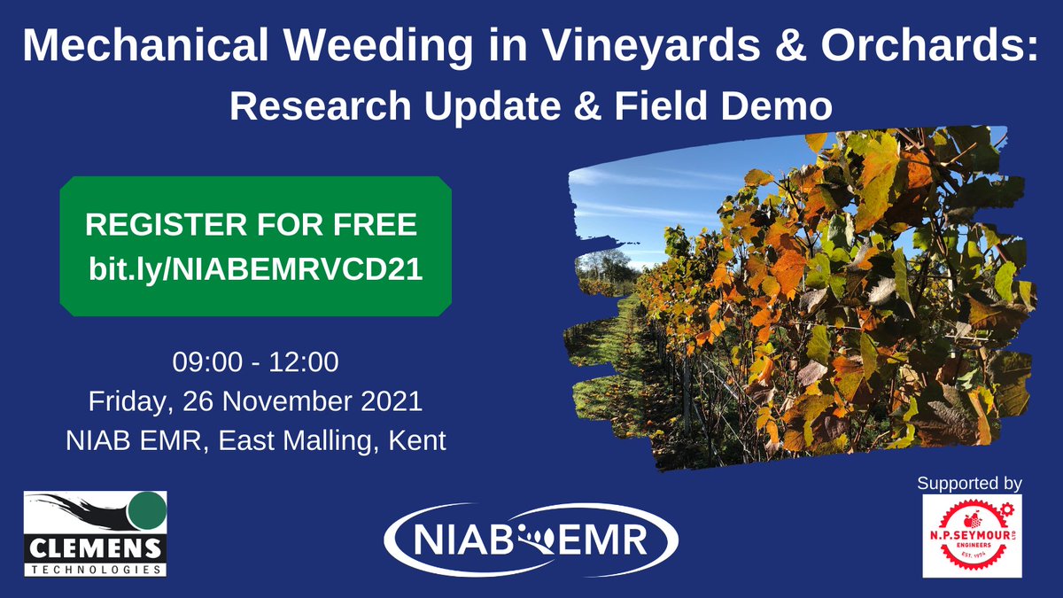 Book your free spot at the Mechanical weeding in vineyards and orchards research update &amp; field demo day. Held at @NIABEMR in Kent. Full details and book ➡️ ow.ly/eUfB50GFVwA
