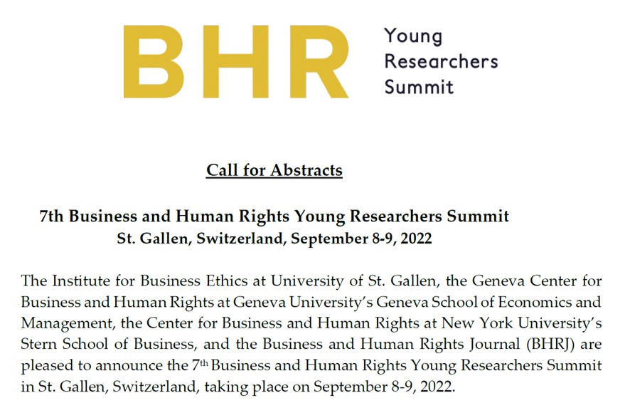 Attention #bizhumanrights PHDs and post-docs: Applications for 2022 BHR Young Researchers Summit now open through March 21, 2022!! Info and CALL FOR APPLICATIONS here: iwe.unisg.ch/en/initiativen…… #BHR_YRS @IWEHSG @DoroBauPau @NYUSternBHR @BHRJournal @CUP_Law @unige_en @HSGStGallen