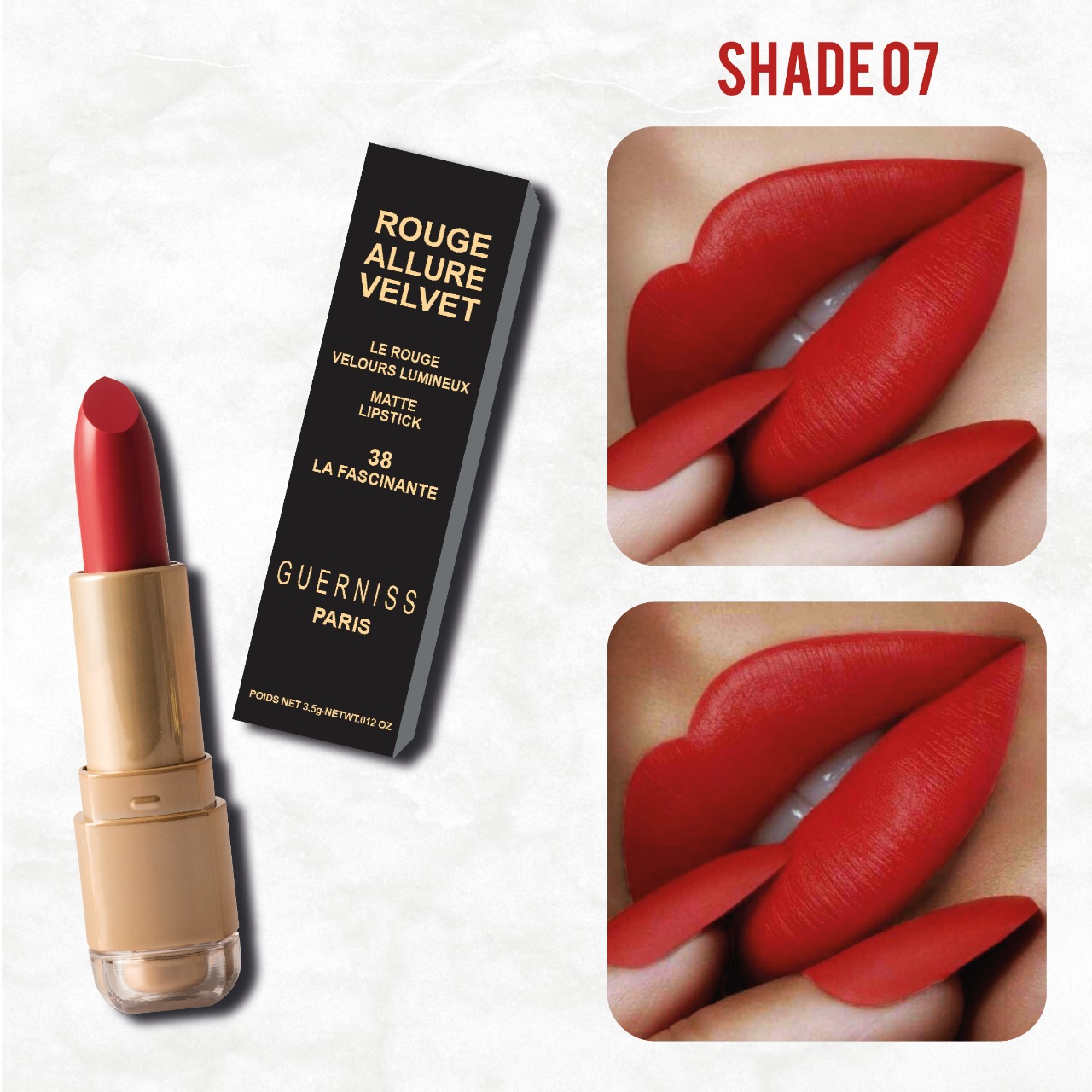 Guerniss on X: GUERNISS Rouge Allure Velvet Matte Lipstick 💋 Shade No: 07  😍 Regular Price: 650 Taka Only. 😱😍🥳 barcode: 3145891523805   / X