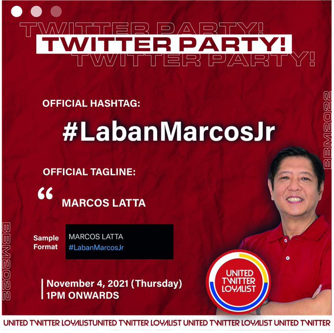 RJCandelariaa's tweet photo. Twitter Party rules:
▪︎ No emojis
▪︎ No numbers
▪︎No all caps
▪︎ Minimum of three words
▪︎ No double tagging
▪︎ No multiple hashtags 
▪︎Engage to big accounts
▪︎ Fresh Tweet, Retweet, Qoute Tweet , reply!

MARCOS LATTA
#LabanMarcosJr https://t.co/sAd4nAaEAa