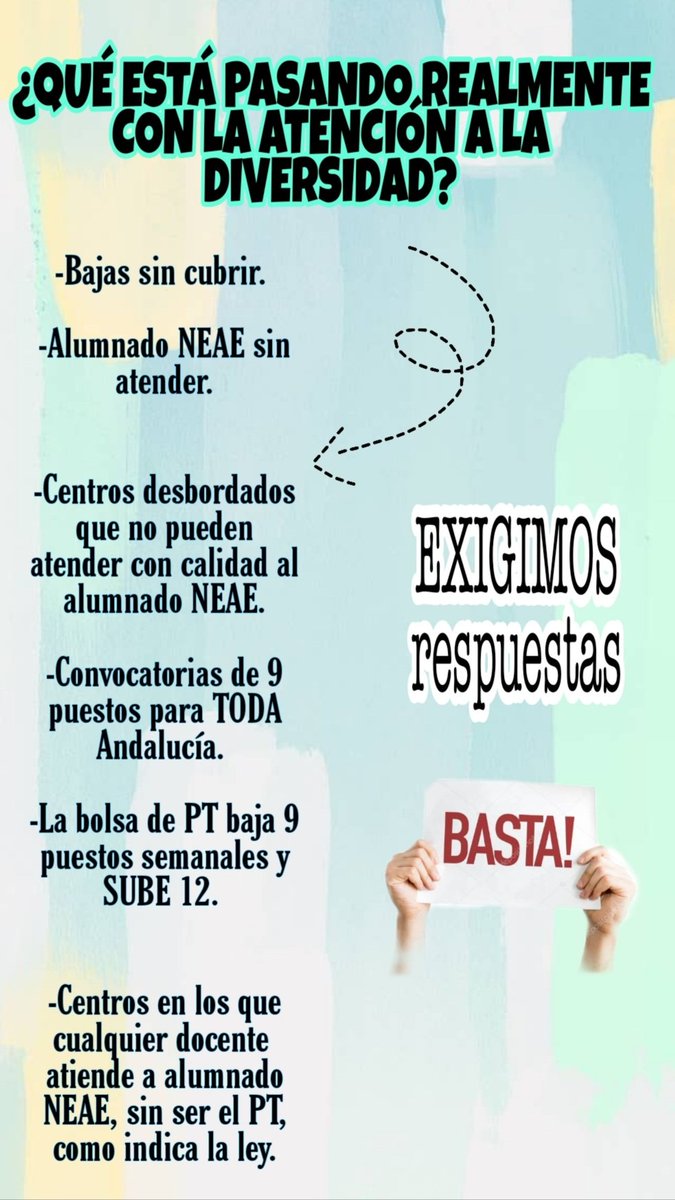 por_diversidad's tweet photo. ¿Qué está pasando realmente con la atención a la diversidad?

El Colectivo de Juntos por la Diversidad, en representación de los docentes de PT en Andalucía, exige una RESPUESTA  ante:
⬇️⬇️⬇️⬇️⬇️⬇️⬇️⬇️⬇️⬇️⬇️⬇️⬇️⬇️ https://t.co/7McFeoWLM9