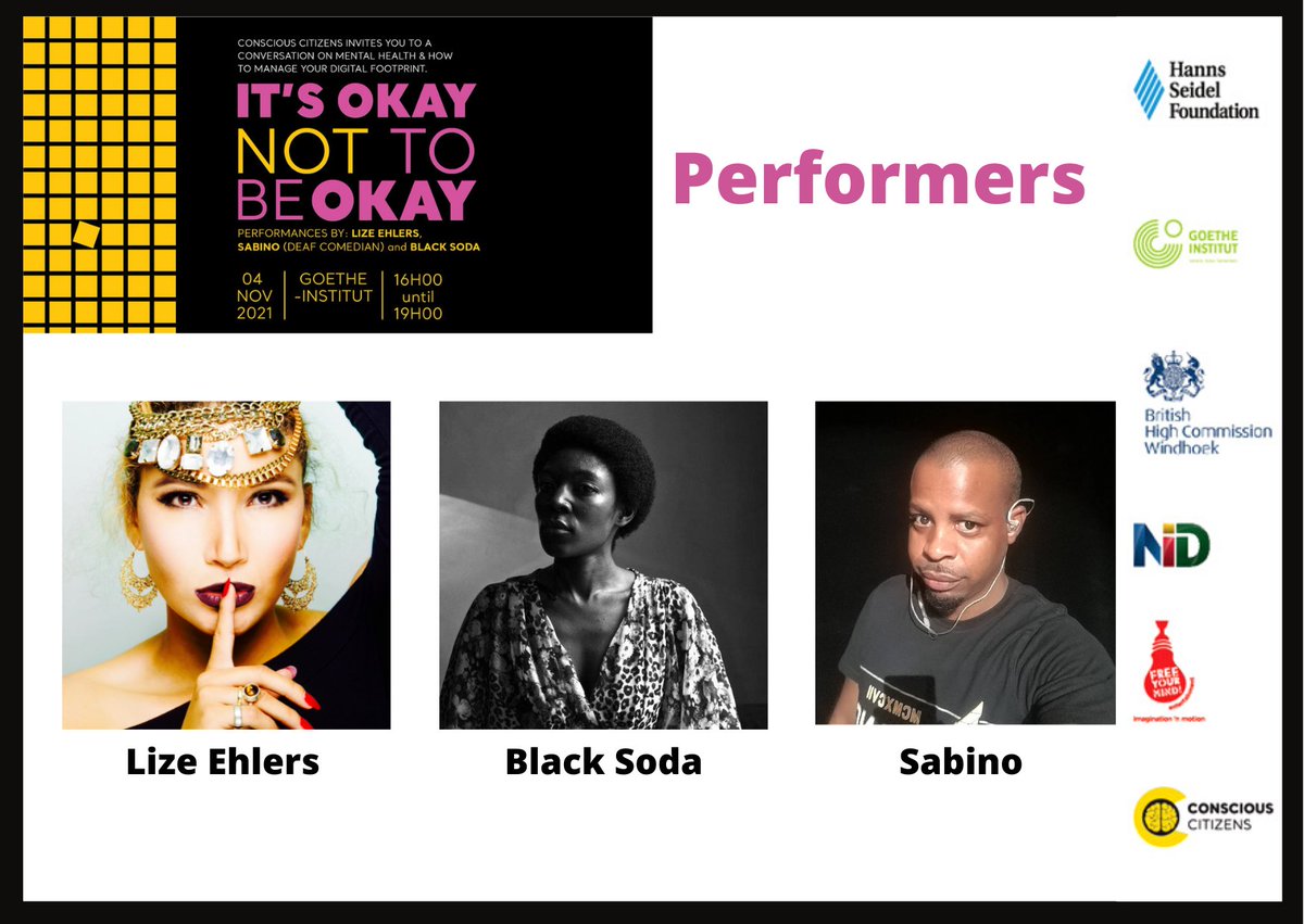 HSFNamibia's tweet photo. #ConsciousCitizens2021
Your eardrums will be graced by..🎤🎭🎤
@lizeehlers   @blacksoda  @sabino

#MentalHealthMatters 
#HSFNamibia #GoetheNamibia #NIDnamibia #BritishHighCommissionWindhoek https://t.co/MlM6ndXRPt
