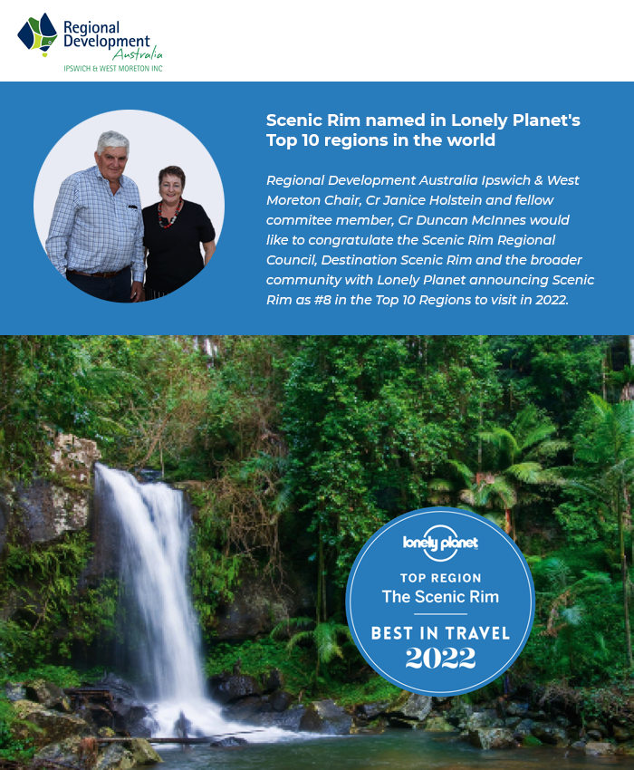 rdaiwm's tweet photo. RDAIWM congratulates Scenic Rim Regional Council, Destination Scenic Rim and the community in the announcement of Scenic Rim being named #8 in Lonely Planet's 'Best In Travel 2022'.

Full Media Release - https://t.co/pXt7bmB3wq
Destination Scenic Rim  https://t.co/8evXUx3N2n https://t.co/jPGT3F9svO