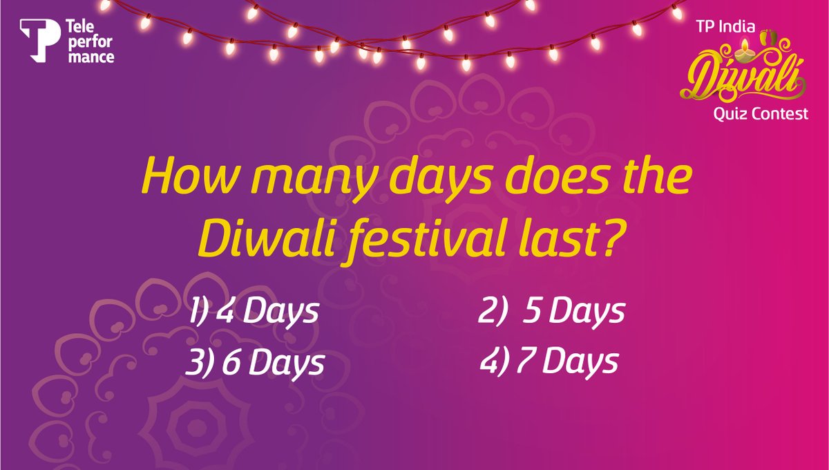 TPIndiaOfficial's tweet photo. The Diwali festival is not just about celebrating the victory of ‘good over evil’ for just one day, it’s a series of festivities that mark the festival. Do you know for how many days does the Diwali festival last? #TPWaaliDiwali #Quiz #TPIndia https://t.co/HcIWmJVfgc