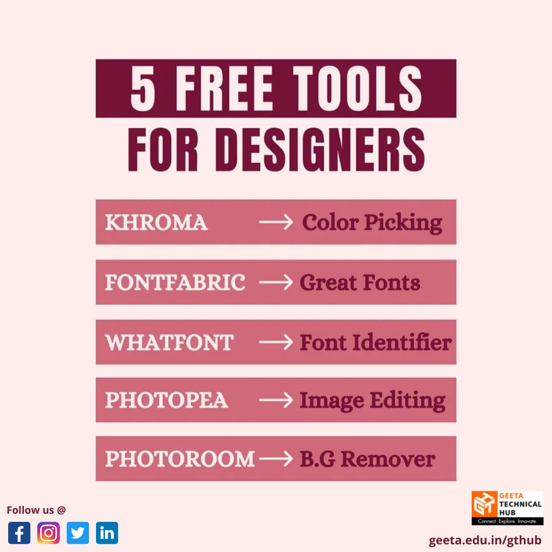 gtechnicalhub's tweet photo. These are the 5 designing tools which you can use for free. Want to learn Graphic Designing reach us at @gtechnicalhub.
#designing #websitedesining #webdesigning #websitedevelopment #designingtools #freetools #photoshop #creativity #html #css #php #geetatechnicalhub #ggi https://t.co/YjvCu8tcNg