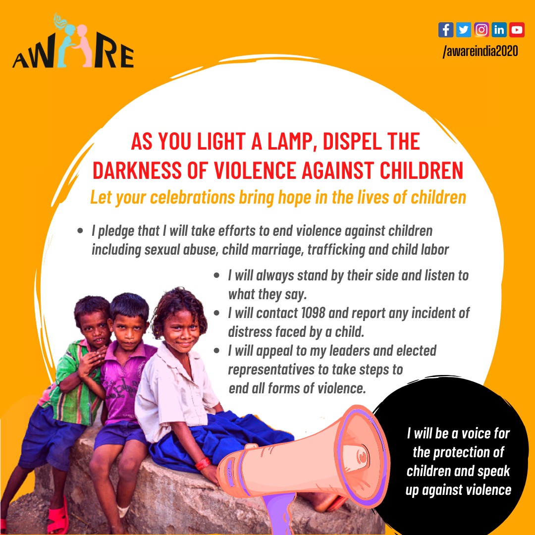 awareindia2020's tweet photo. This Diwali, as you light lamps to brighten up your homes, take a pledge to light up a child's life too.

Take a pledge to dispel the darkness of violence against children!

#AWARE #DiwaliForAll #Diwali #Gift #DoGood4Diwali #DiwaliGift #donations #charity #donate #ngo https://t.co/bxmXkU4Pye