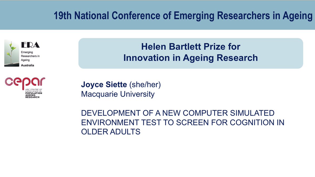 Emerging Researchers in Ageing (ERA) (@era_australia) on Twitter photo 19th National Conference of Emerging Researchers in Ageing
Helen Bartlett Prize for Innovation in Ageing Research awarded to <a href="/jsiette/">A/Prof Joyce Siette</a> <a href="/Macquarie_Uni/">Macquarie University</a>
#ERA2021Virtual 19th National Conference of Emerging Researchers in Ageing
Helen Bartlett Prize for Innovation in Ageing Research awarded to <a href="/jsiette/">A/Prof Joyce Siette</a> <a href="/Macquarie_Uni/">Macquarie University</a>
#ERA2021Virtual
