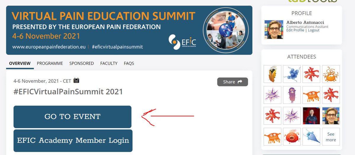 For all Summit Attendees: after you submitted your credentials, you will see this page. To enter the #EFICVirtualPainSummit you need to click the button "GO TO EVENT". Enjoy!