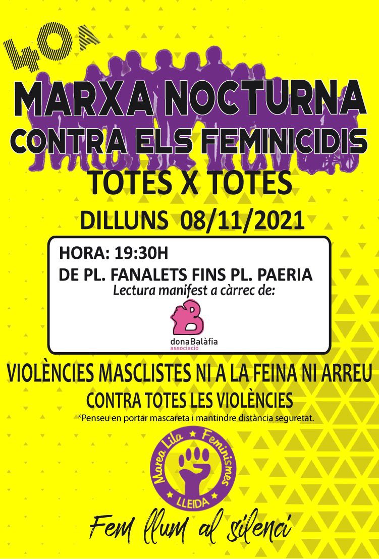 marealilalleida's tweet photo. A #Lleida sortirem el proper dilluns dia 8/11/2021 com cada mes #xtotes #niunamenys #sienstoquenaunaenstoquenatotes #femllumalsilencis #feminicidis Sortim al carrer ✊🏾 https://t.co/jp6TOFXbti