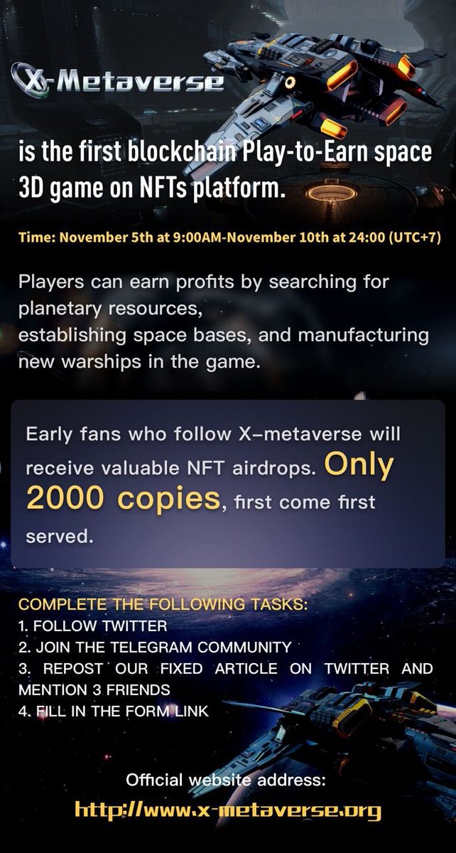 @XMetaverse_ is having 2000 NFT airdrops 🪂

To participate:

✅Follow Twitter: @XMetaverse_
✅Join Telegram: t.me/XMetaverse_off…
✅Fill in the form link: docs.google.com/forms/d/1cdxGc…

First come first served! 

#NFTdrops #Airdrops #NFTCommunity #NFTs