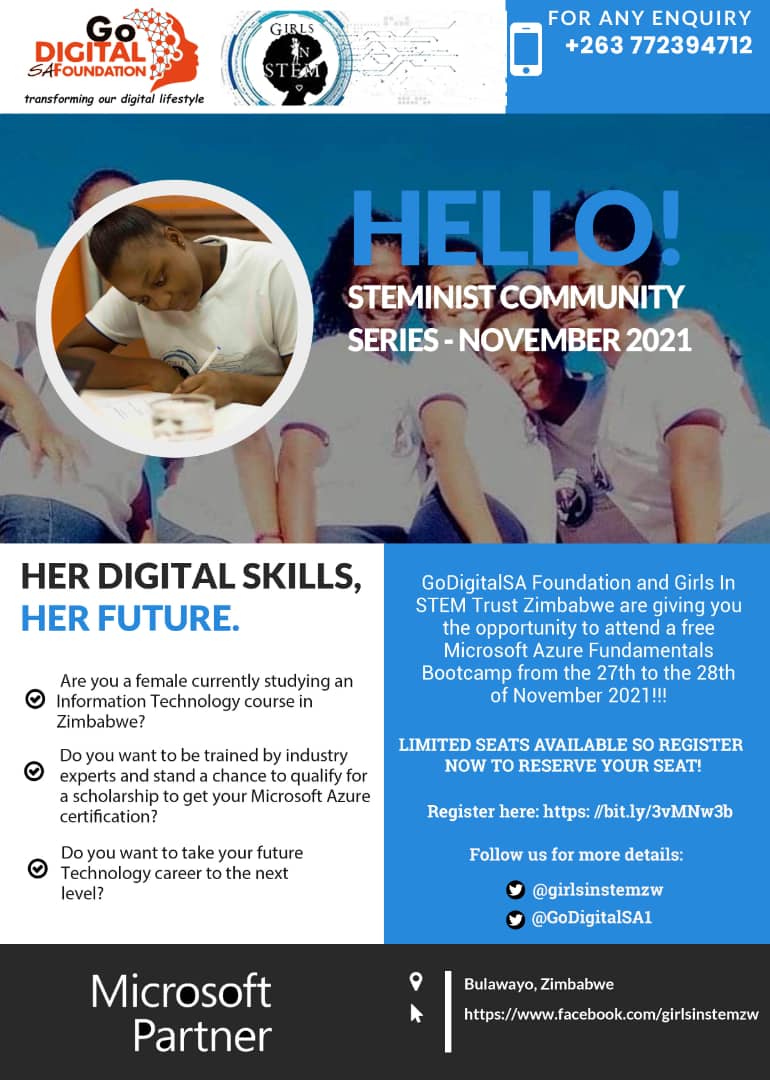 📌📌 Opportunity Alert 📌📌

🔹Are you a #woman studying an #informationtechnology course in #Zimbabwe?

🔹Do you want FREE #MicrosoftAzureFundamentals training?

Apply here 👇by 19 November 2021:

bit.ly/3vMNw3b

<a href="/GoDigitalSA1/">GoDigitalSA Foundation</a> <a href="/TaffyLGotora/">TheRealDigitalBae</a>
