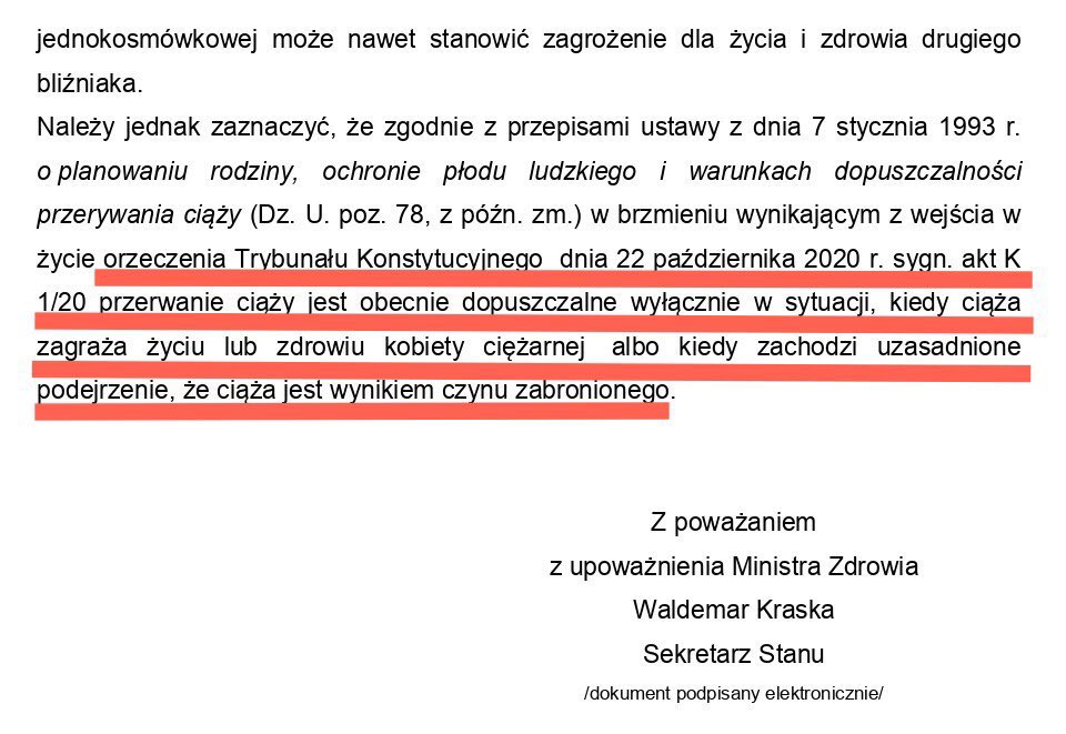 Ciąża bliźniacza, gdy 1’ płód jest zdrowy, a 2’ ma wadę śmiertelną zagrażając życiu pierwszego. 
Do 2020 płód terminowano, by pierwsze z bliźniąt mogło przeżyć.
Minister Zdrowia potwierdził, że obecnie NIE MOŻNA już uratować zdrowego dziecka, skazane jest na śmierć..
