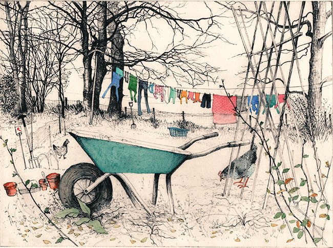 womensart1's tweet photo. 'Wheelbarrow washing' by Pamela Grace, contemporary artist and printmaker living and working in Galloway, Scotland #WomensArt https://t.co/MPSmWXLtZ4