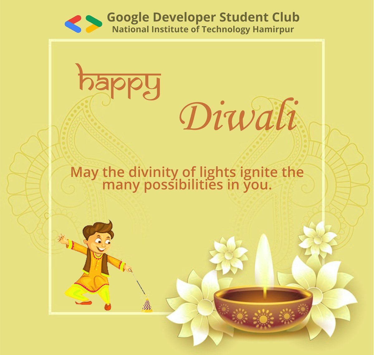 GDSC_NITH's tweet photo. GDSC wishes you and your family Happy Diwali. 
This year let’s make a difference and live up to its significance. Removing all the darkness of negativity in mind and soul and filling it up with the brilliance of joy and positivity. 
#gdsc #HappyDeepavali #FestivalOfLights https://t.co/YX5aqphxTD