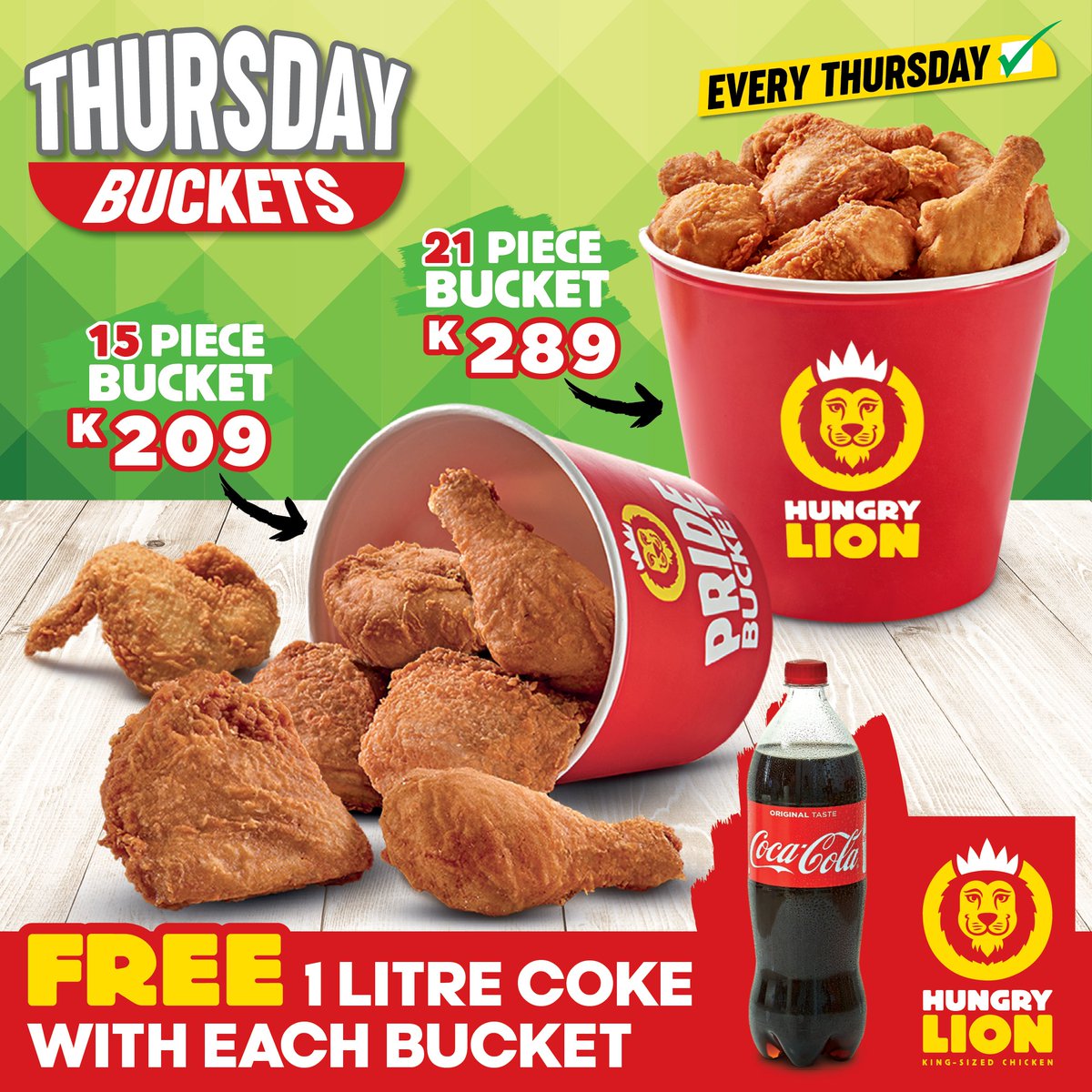 HungryLionZM's tweet photo. Ain't no Bucket like a Hungry Lion Bucket! It's #BucketThursday time. 🔥
We're making EVERY THURSDAY King-Sized! Get a 15 PIECE Bucket for K209 or grab a 21 PIECE Bucket for K289 & get a FREE 1L Drink!
RT this tweet and we could hook you up with a treat.
#HungryLikeALion https://t.co/AIpkfk0R5t