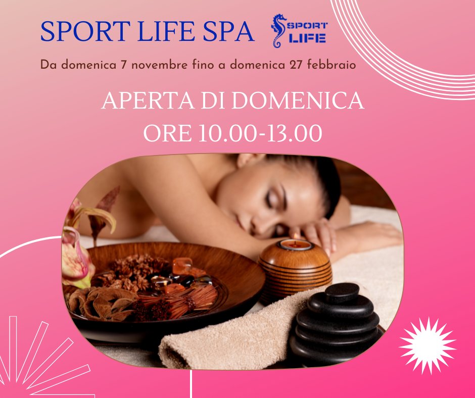 Ippocampo_Life's tweet photo. La nostra SPA torna a coccolarti la DOMENICA MATTINA.

🗓 Da domenica 7 novembre  a domenica 27 febbraio la SPA Sport Life sarà aperta anche la domenica dalle ore ⏰ 10.00 alle ore 13.00. https://t.co/DaCDjxTvbu