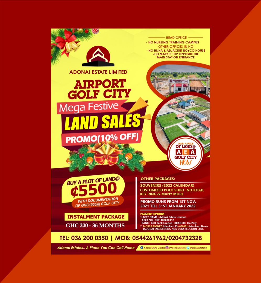 AdonaiEstateltd's tweet photo. As an attractive Christmas beckons, we are setting the tone right with discounts on our properties. 

Buy the Airport Golf City Estate plots at GHS5,500 now. More details on the flyer! 

1/2 https://t.co/lPqUAdRjlj