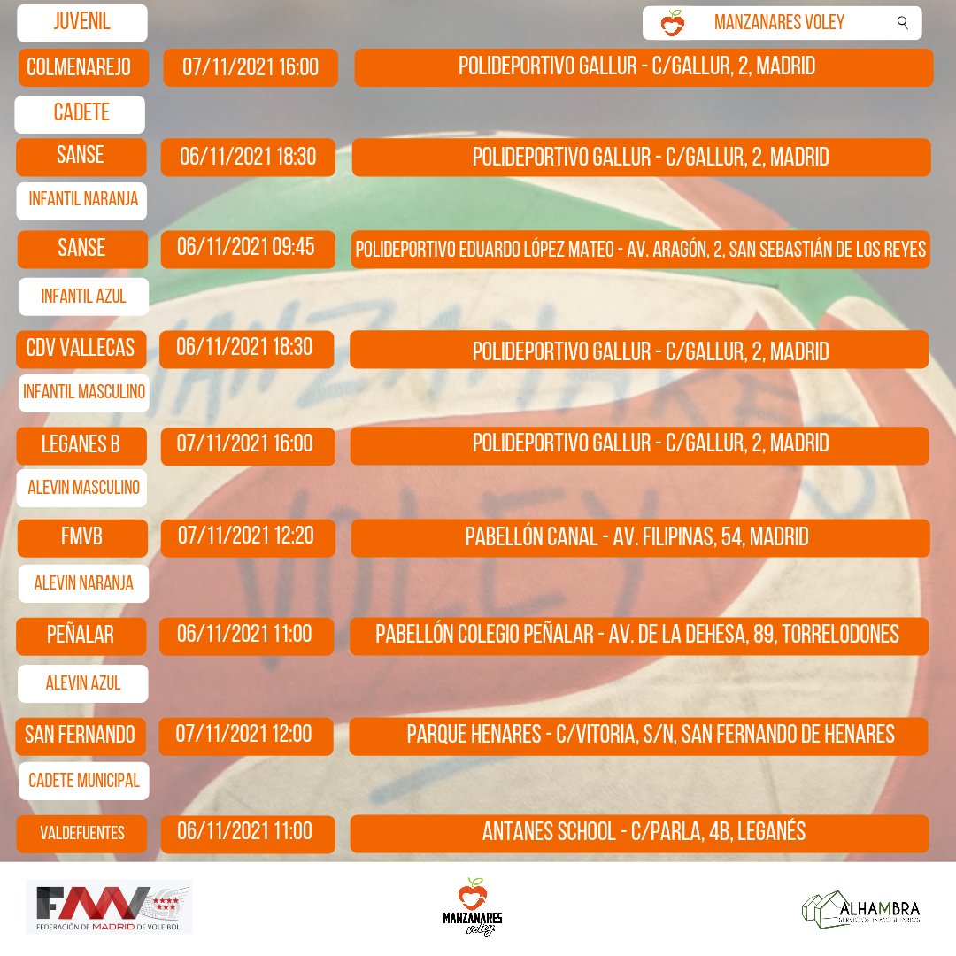 ManzanaresVoley's tweet photo. Partidos fin de semana!!!
@voleysanse
#colmenarejo
#cdvvallecas
@VoleibolLeganes
@VPenalar
#sanfernando
@CValdefuentes
@FMadridVB
@ComunidadVoley
#SportWithValues
#DeporteSonValores
#MareaNaranja
#DreamPlayRemember
#noterindas
#noterindasnunca https://t.co/Dd6HfOvxpx