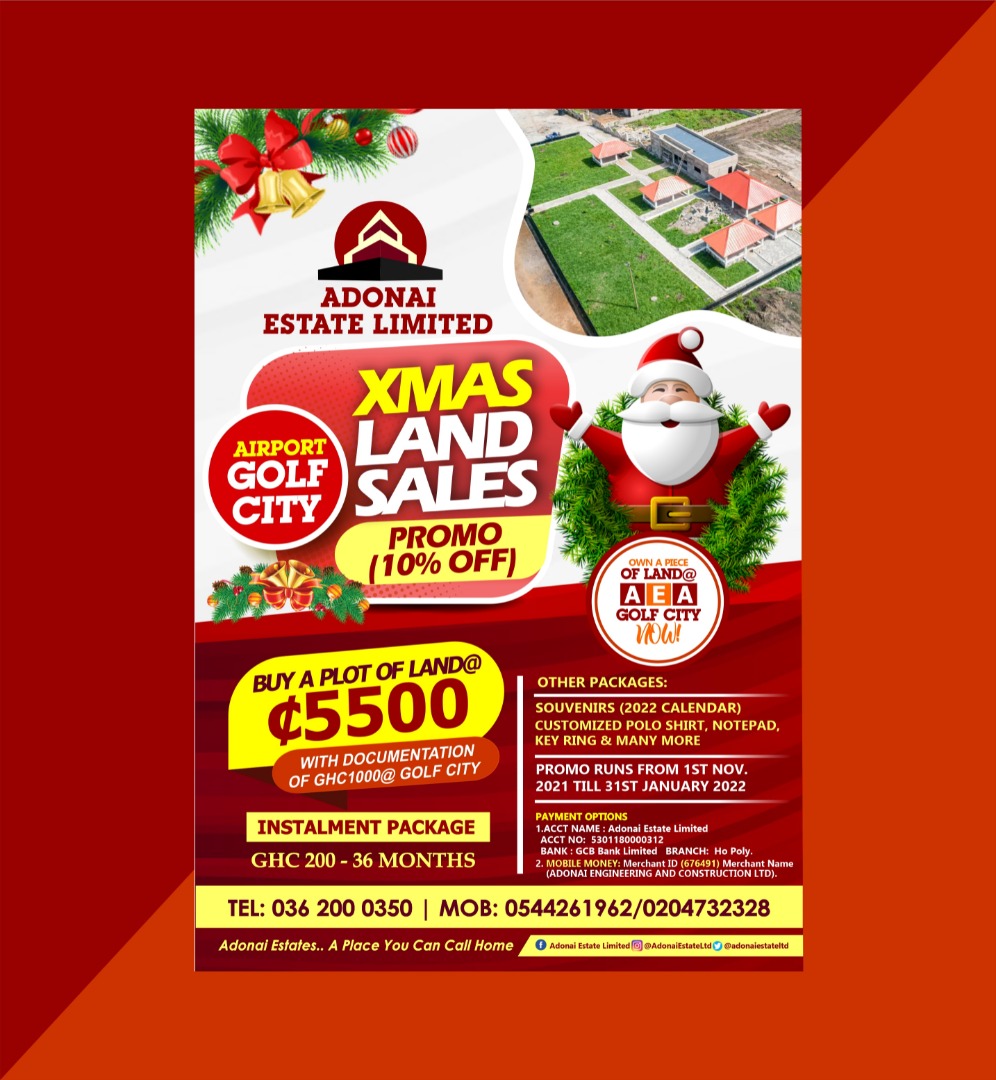AdonaiEstateltd's tweet photo. Visit our offices in :
▫️Ho - Nurses Training College Road 
▫️Hohoe - Opposite High Court
▫️Sogakope - Opposite Seglah Store 
#merrychristmas2021 #NovemberToRemember #ghanarealestate #LandForSale #lookingforland #ghana  #luxuryhomes #investing #building #expatsghana  #adonailands https://t.co/9G2gJrObIc