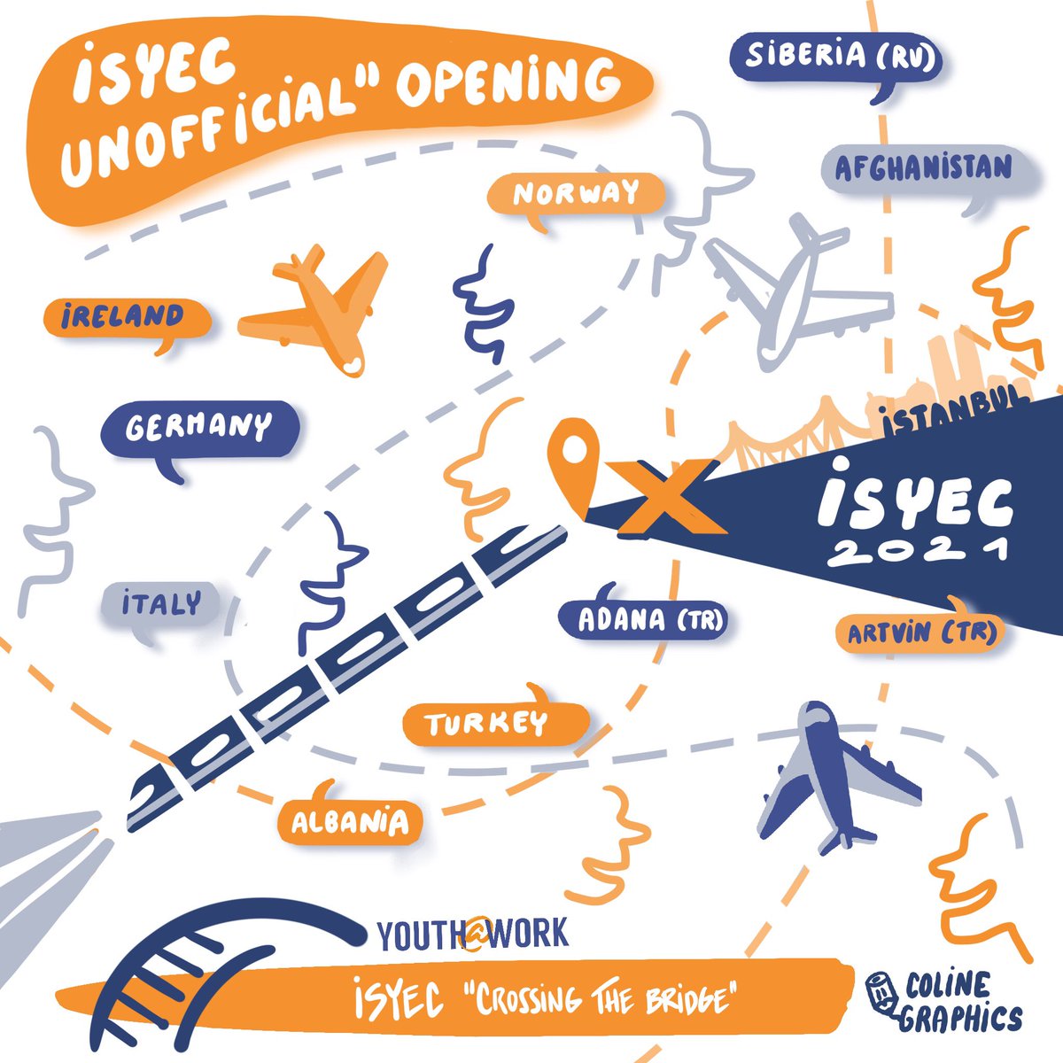 euyouthatwork's tweet photo. Well said, a picture is worth a thousand words, and here are our thousand words from the day 1 at #ISYEC in #Istanbul!
From getting to know each other to inspirational speeches, to networking to organisational fair... all visually crafted from @picturise_biz and @colinegraphic https://t.co/43R4HQi6NZ