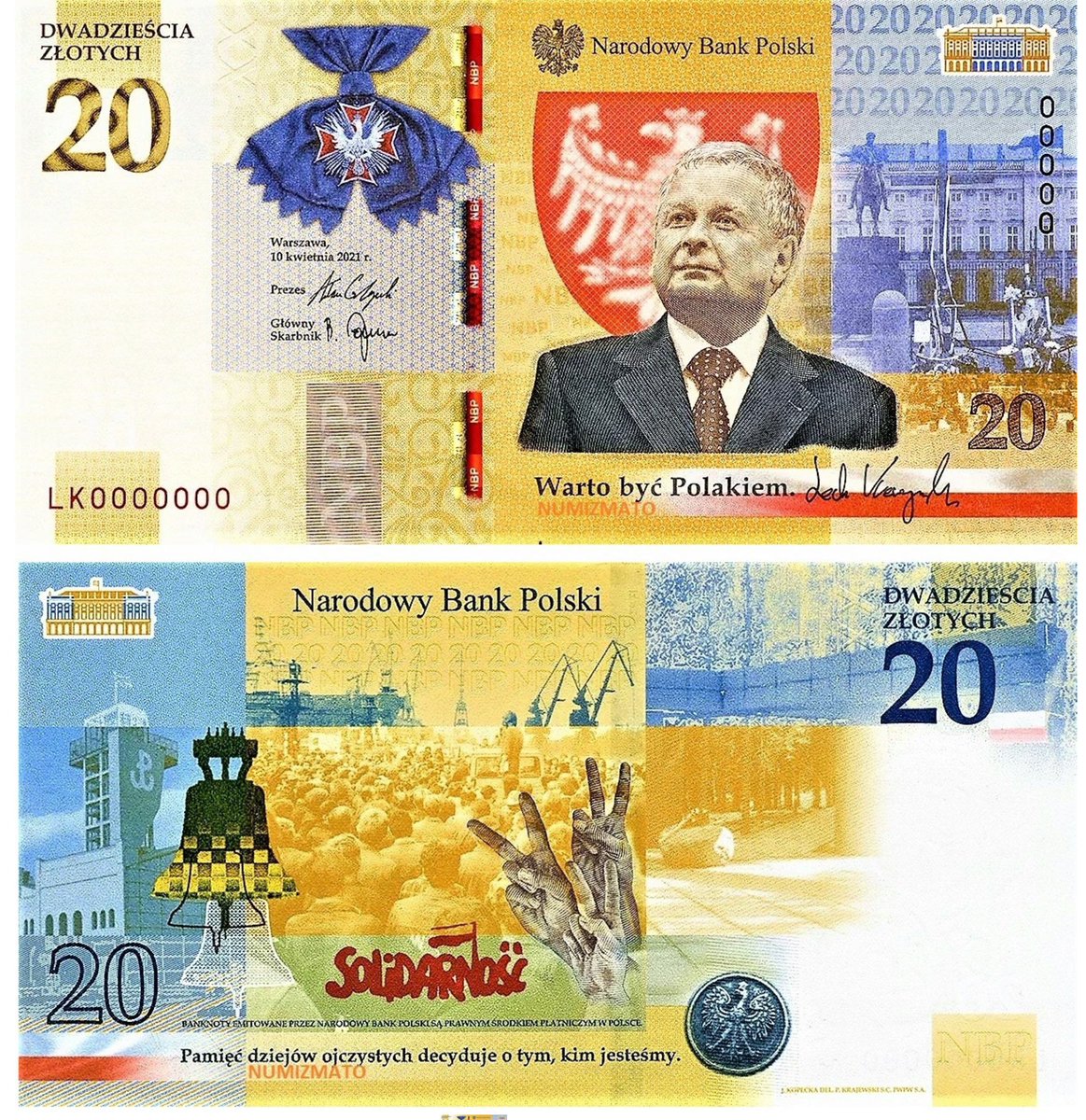 makowski_m's tweet photo. Ten banknot wyglada tak, jakby ktoś siedział w programie graficznym i zastanawiał się, ile może jeszcze dokleić „akcentów patriotycznych” w ograniczonej przestrzeni. Mamy chaos kolorystyczny, betonowy słupek przy pomniku, cytaty z „Numizmato”, etc. Prezes NBP walczy jak lew. https://t.co/U4AeabrD09