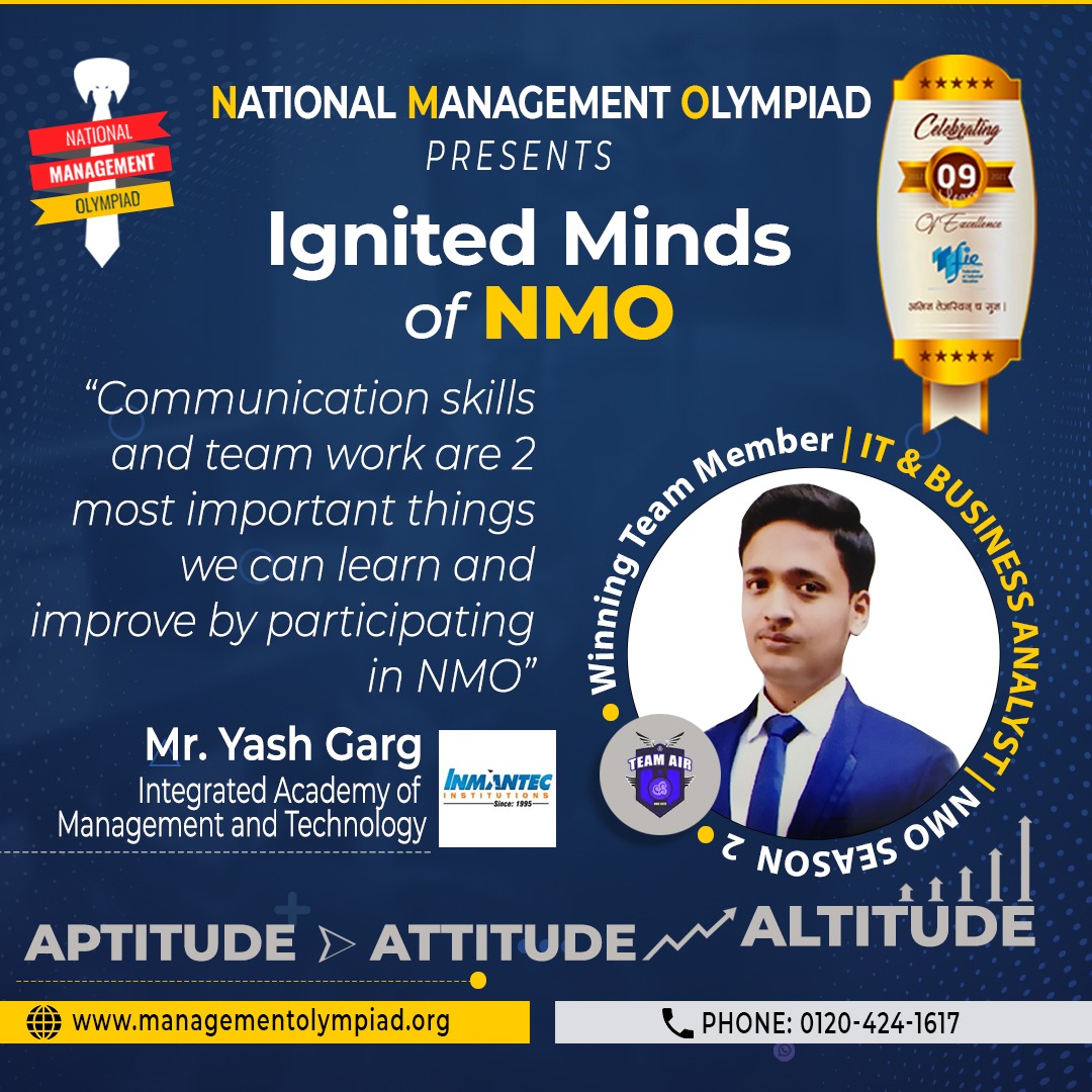 managementolymp's tweet photo. Our Todays Ignited minds of NMO profile is of vibrant, witty and team Player Mr. Yash Garg.
We wish all the success for her endeavours.
#NationalManagementOlympiad #OnlineOlympiad #ManagementOlympiad #ManagementCompetition #NMO #IgnitedMindsOfNMO https://t.co/Yo5Q5KvXoN
